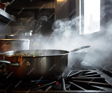 Dampfende Pfanne auf einem Gastronomie-Gasherd